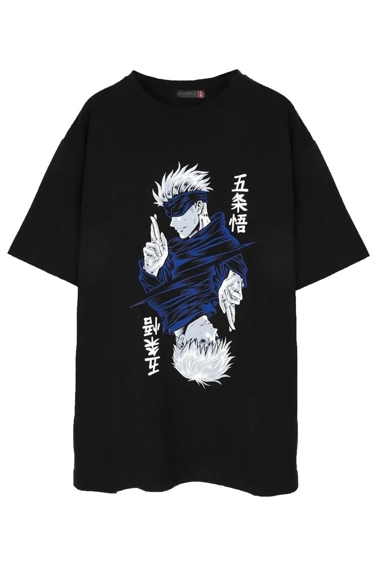 - Unisex Oversize Anime Jujutsu Kaisen Gojo & Itadori Baskılı Siyah Tişört