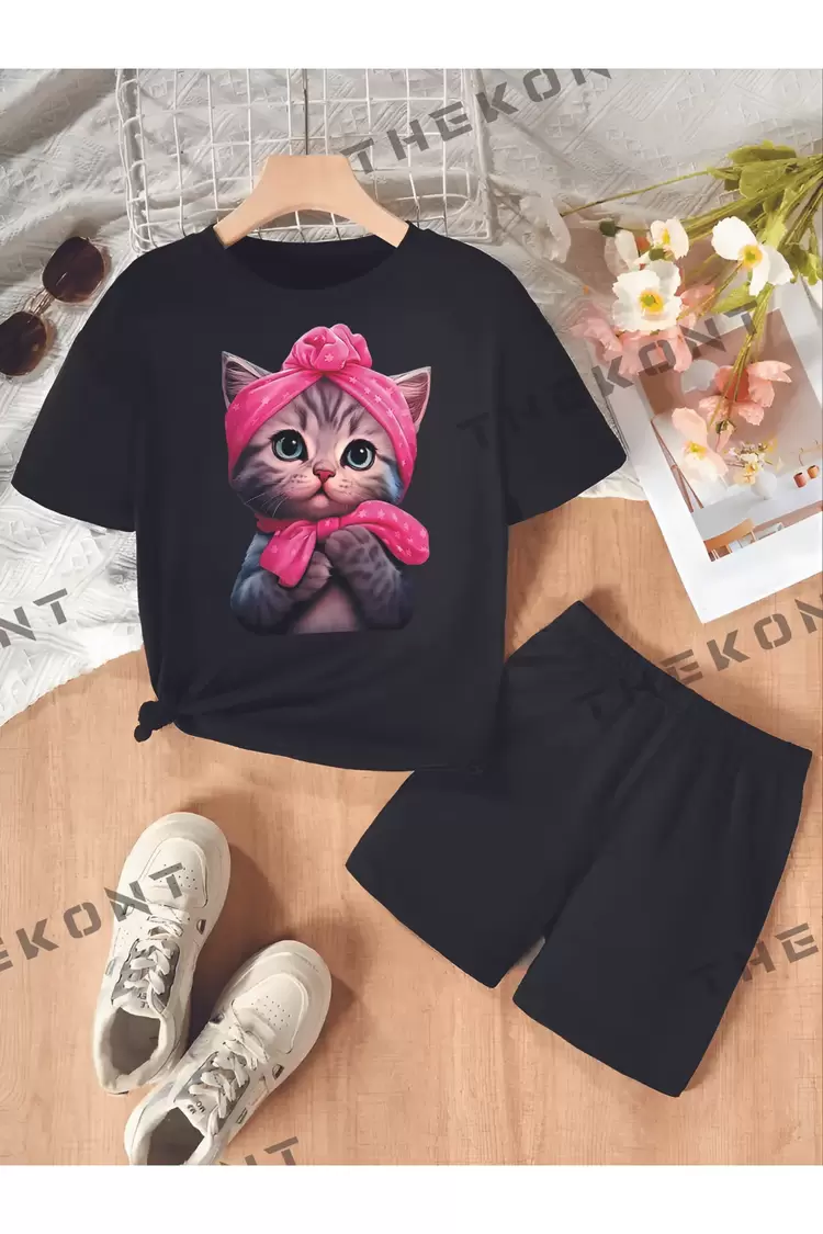 ŞEKER KEDİ BASKILI TSHİRT-ŞORT ALT-ÜST TAKIM