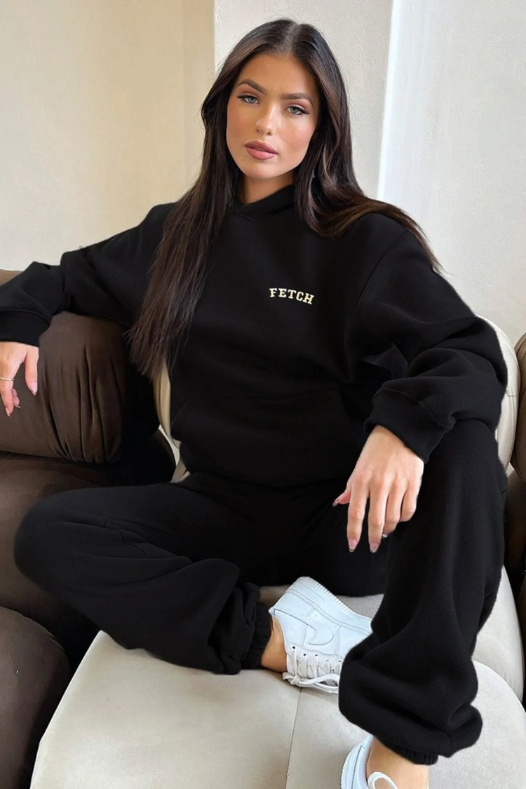 Fetch Eşofman Takımı Sweatshirt Jogger - Siyah Baskılı Oversize Şardonlu Kapüşonlu