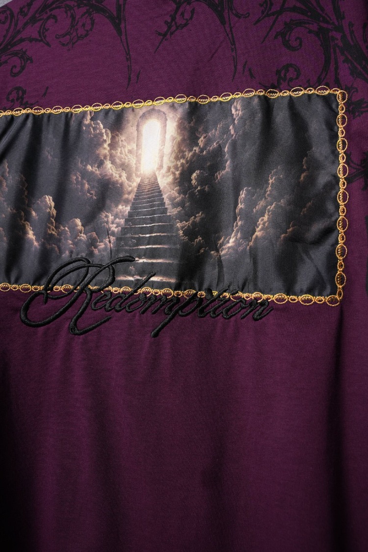 Erkek Mürdüm Redemption Patchli Baskılı Oversize Tshirt