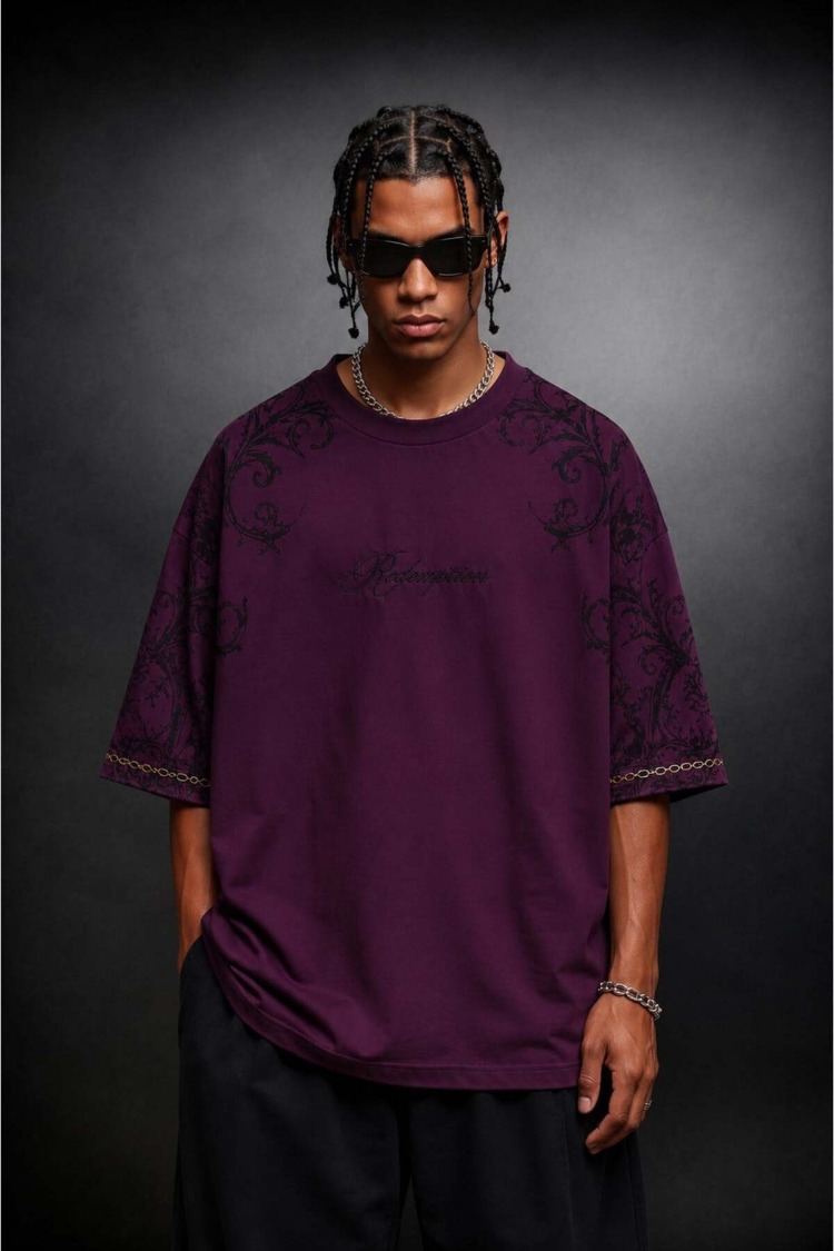 Erkek Mürdüm Redemption Patchli Baskılı Oversize Tshirt