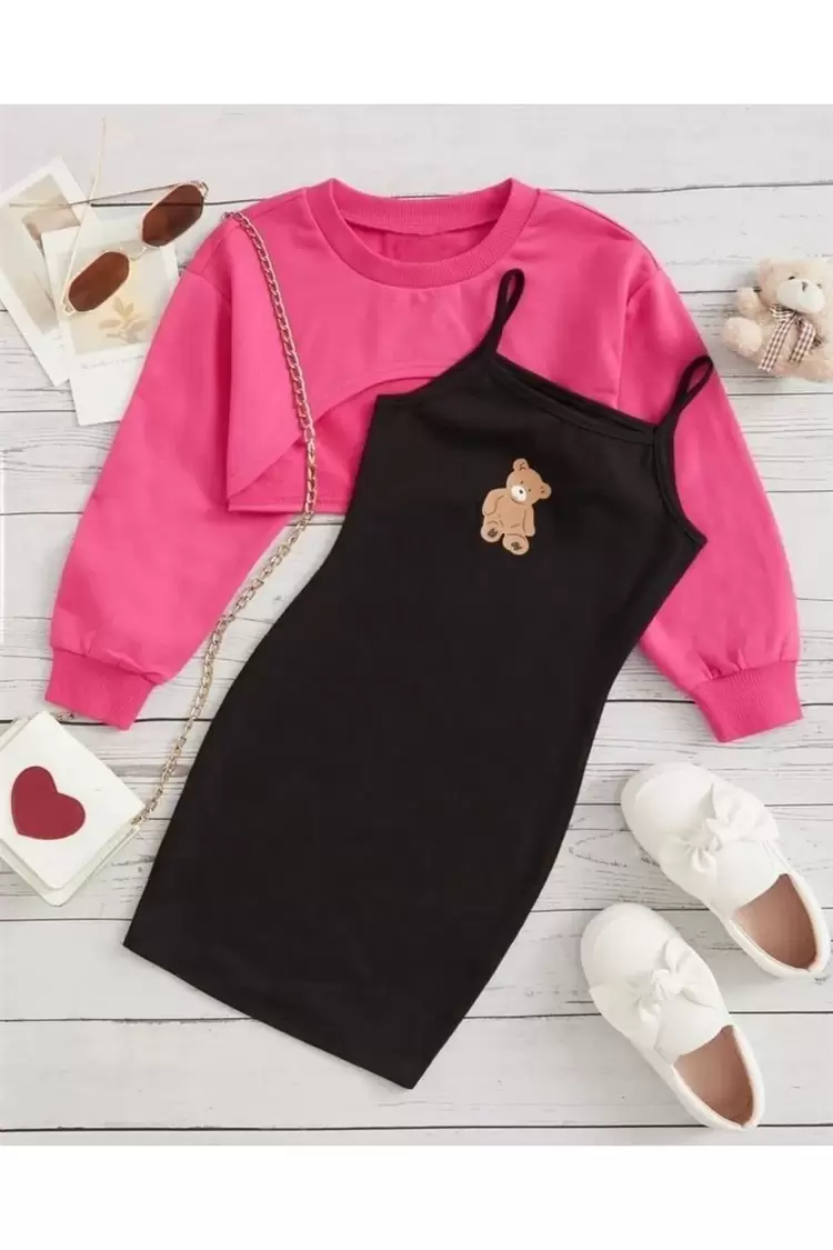 TATLI AYICIK BASKI DETAYLI KIZ ÇOÇUK ELBİSE & CROP SWEAT KOMBİNİ