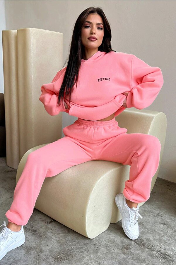 Fetch Eşofman Takımı Sweatshirt Jogger - Siyah Baskılı Oversize Şardonlu Kapüşonlu