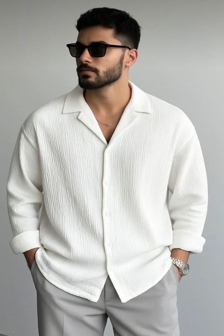 Erkek Ütü İstemeyen Oversize kırık beyaz Bürümcük Gömlek BEYAZ