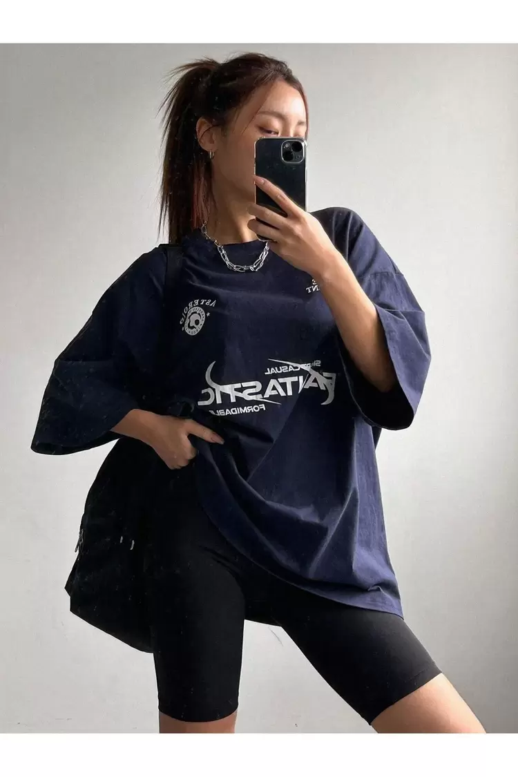 Fantastıc Süprem T-Shirt -Mor Baskılı Oversize Bisiklet Yaka Tişört