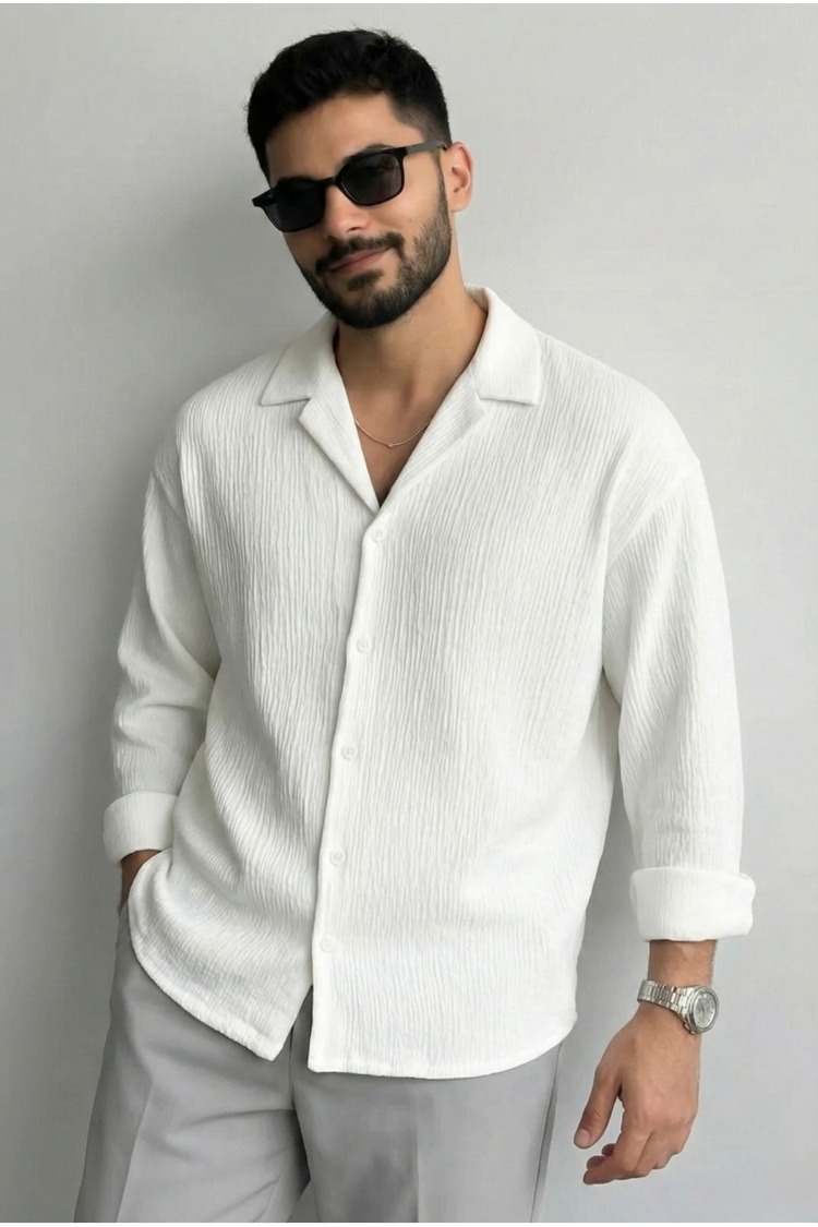 Erkek Ütü İstemeyen Oversize kırık beyaz Bürümcük Gömlek BEYAZ