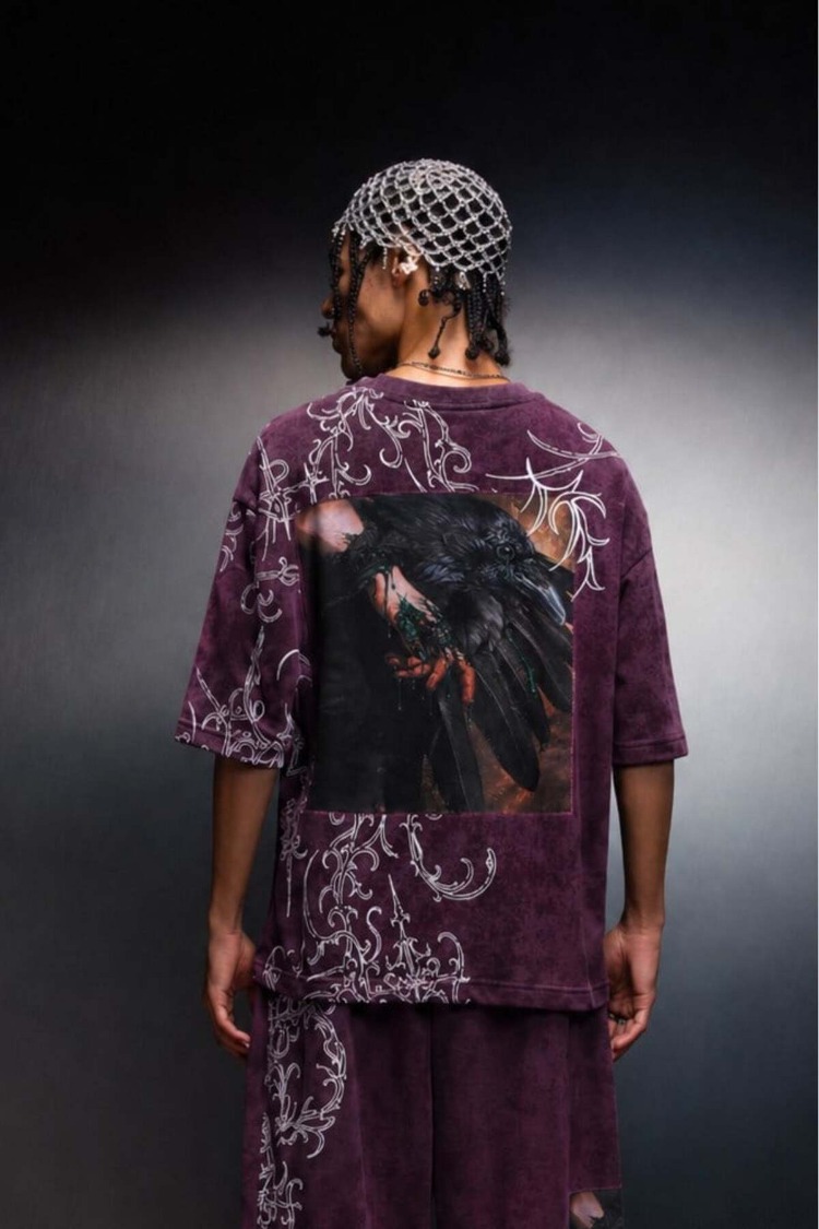 Erkek Mürdüm Crow Patch Oversize Yıkama Efektli Tshirt