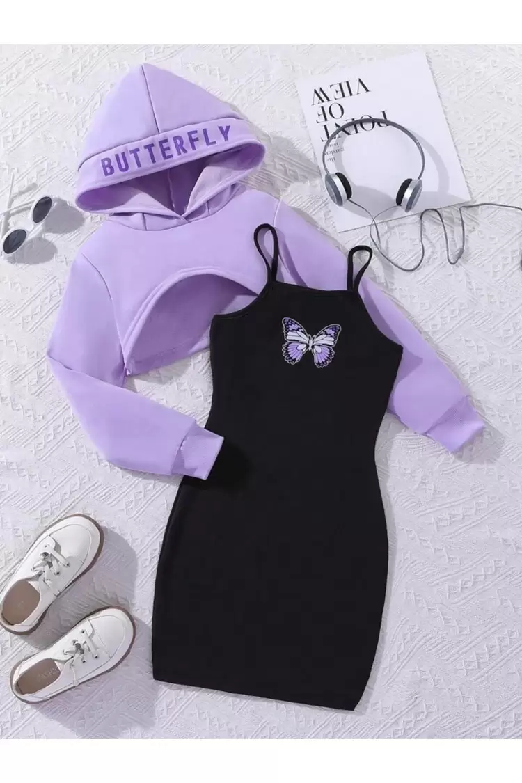 Çocuk Butterfly Baskılı Elbise & Crop Sweatshirt 2'li Kombin