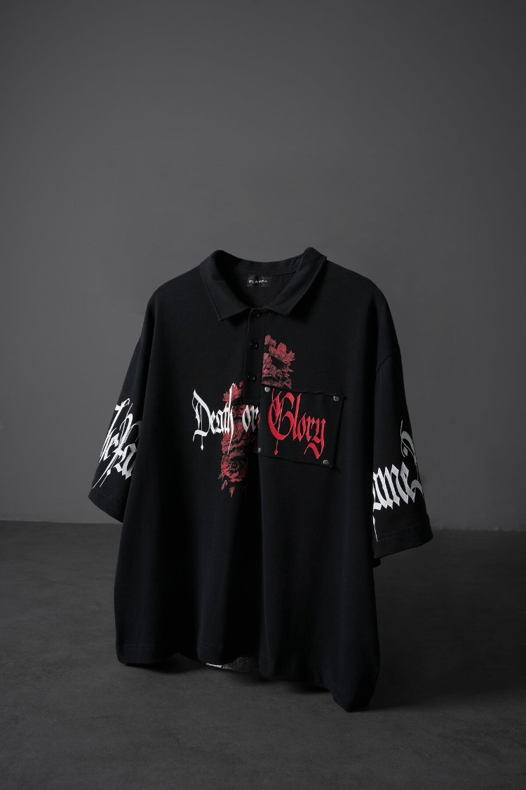 Erkek Siyah Death or Glory Patchli Box Fit Polo Yaka Tshirt