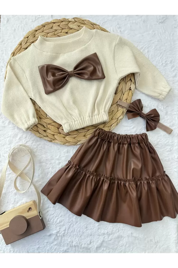 Kız Çocuk & Bebek Takımı Deri Etek Fiyonklu Badi Bandana Takımı