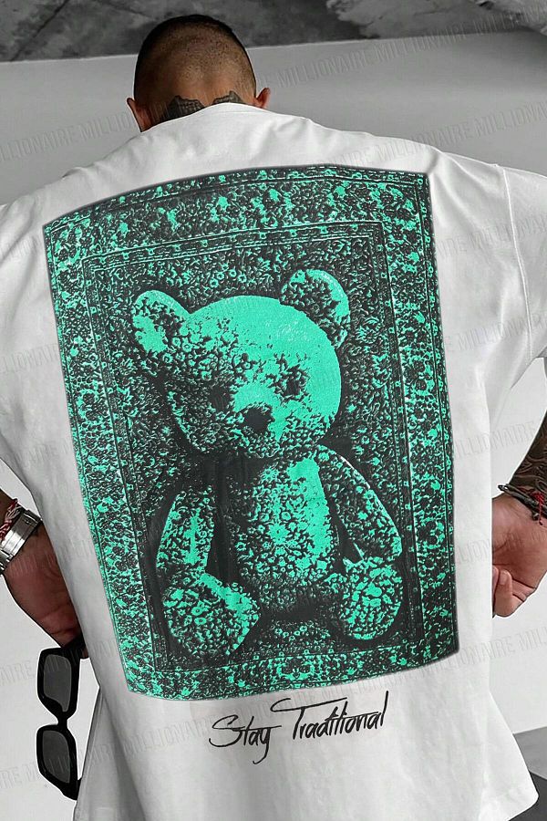 Erkek Siyah Traditional Ayıcık Teddy Bear Oversize Fit Bol Geniş Kalıp Salaş Kesim T-Shirt
