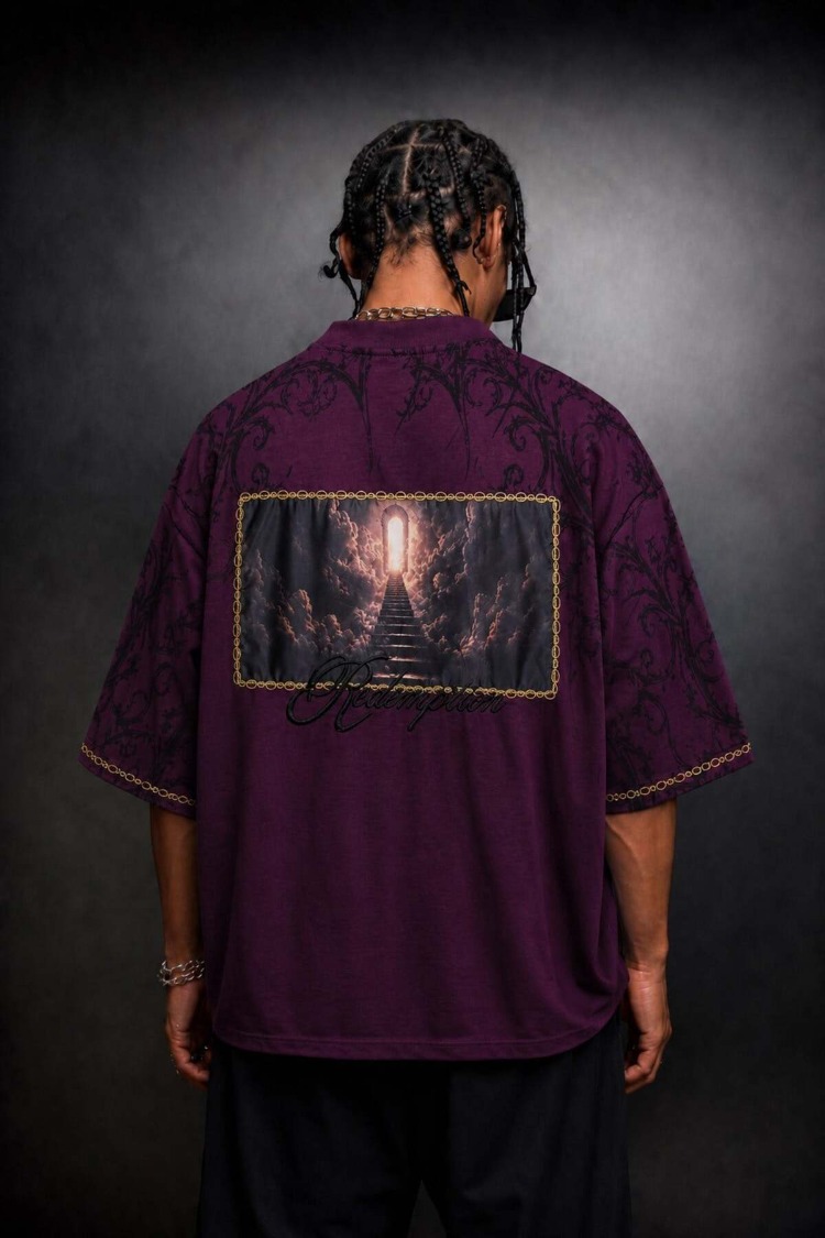 Erkek Mürdüm Redemption Patchli Baskılı Oversize Tshirt