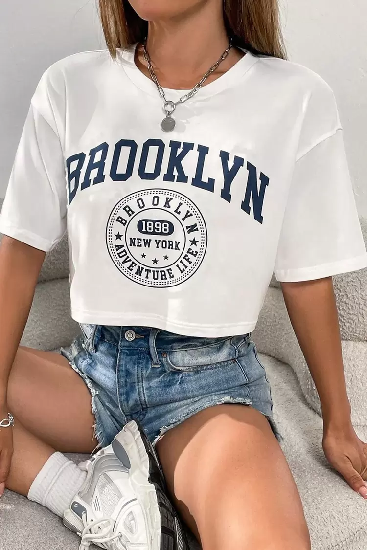 Kadın Oversize Crop T-shirt 2li Paket Beyaz - Gri Brooklyn Baskılı