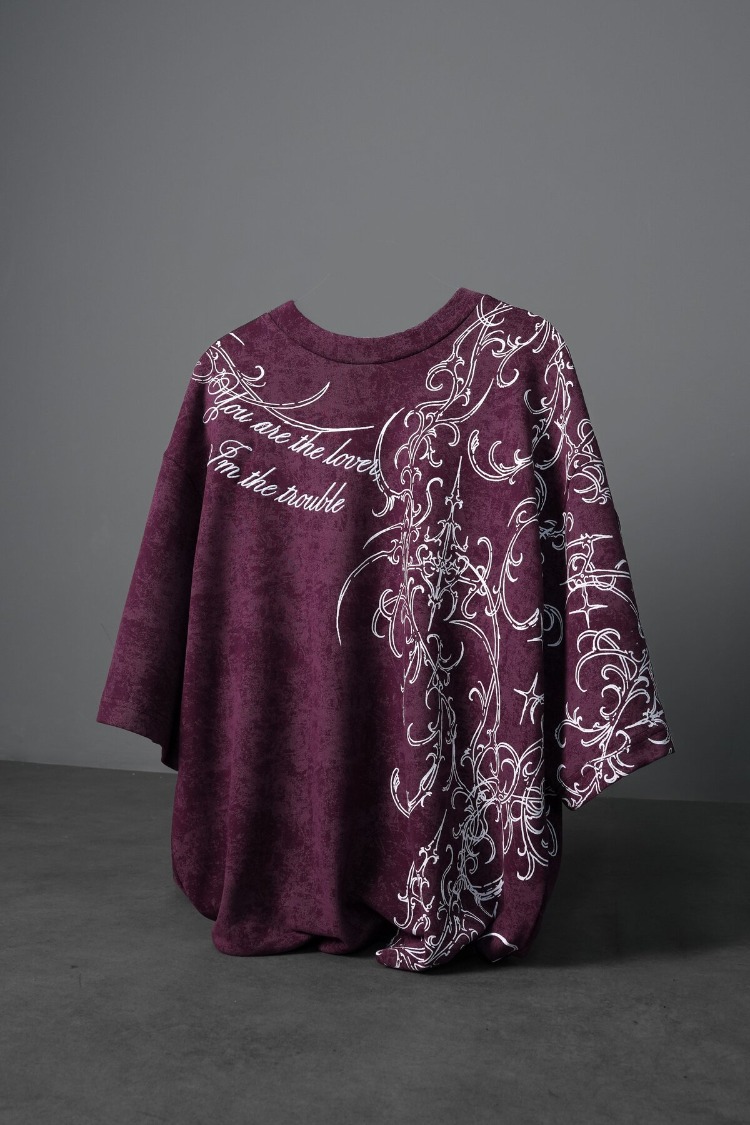 Erkek Mürdüm Crow Patch Oversize Yıkama Efektli Tshirt