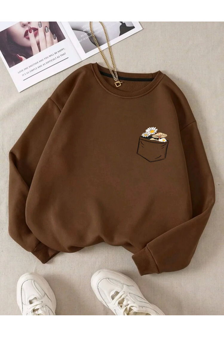  Çiçek Baskılı Bisiklet Yaka Pamuklu Sweatshirt