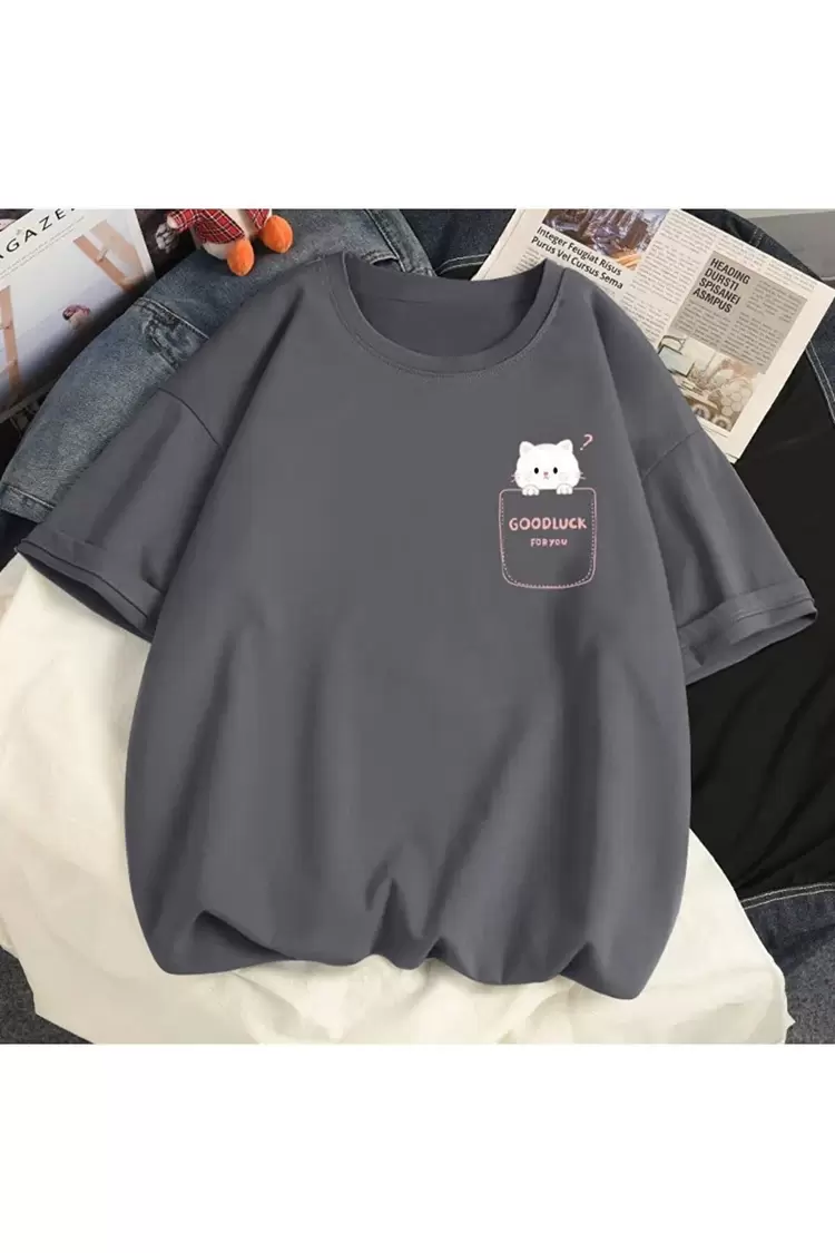 Good Luck T- Shirt - Baskılı Füme Oversize Tişört