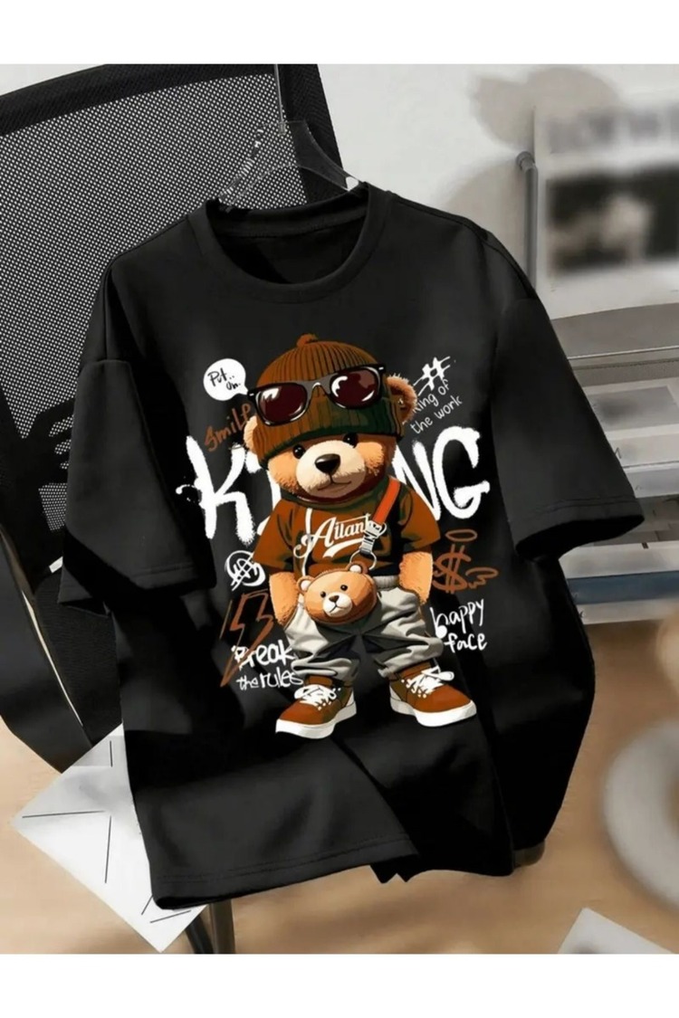 Genç Yetişkin Oversize Kesim Bol Rahat Kesim Baskılı Ayıcıklı  Tshirt