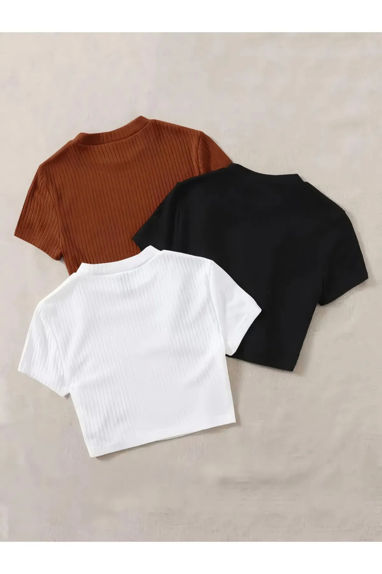 Kadın 2 Li Adet Fitilli %100 Pamuklu Bisiklet Yaka Örme Crop T-shirt