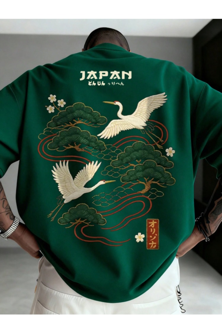 Unisex Kadın/Erkek JAPAN Özel Baskılı Oversize Penye Bisiklet Yaka T-Shirt