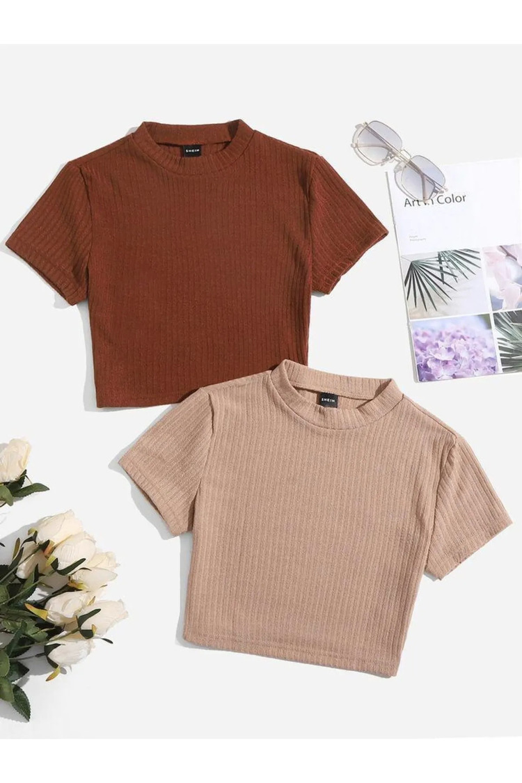 Kadın 2 Li Adet Fitilli %100 Pamuklu Bisiklet Yaka Örme Crop T-shirt