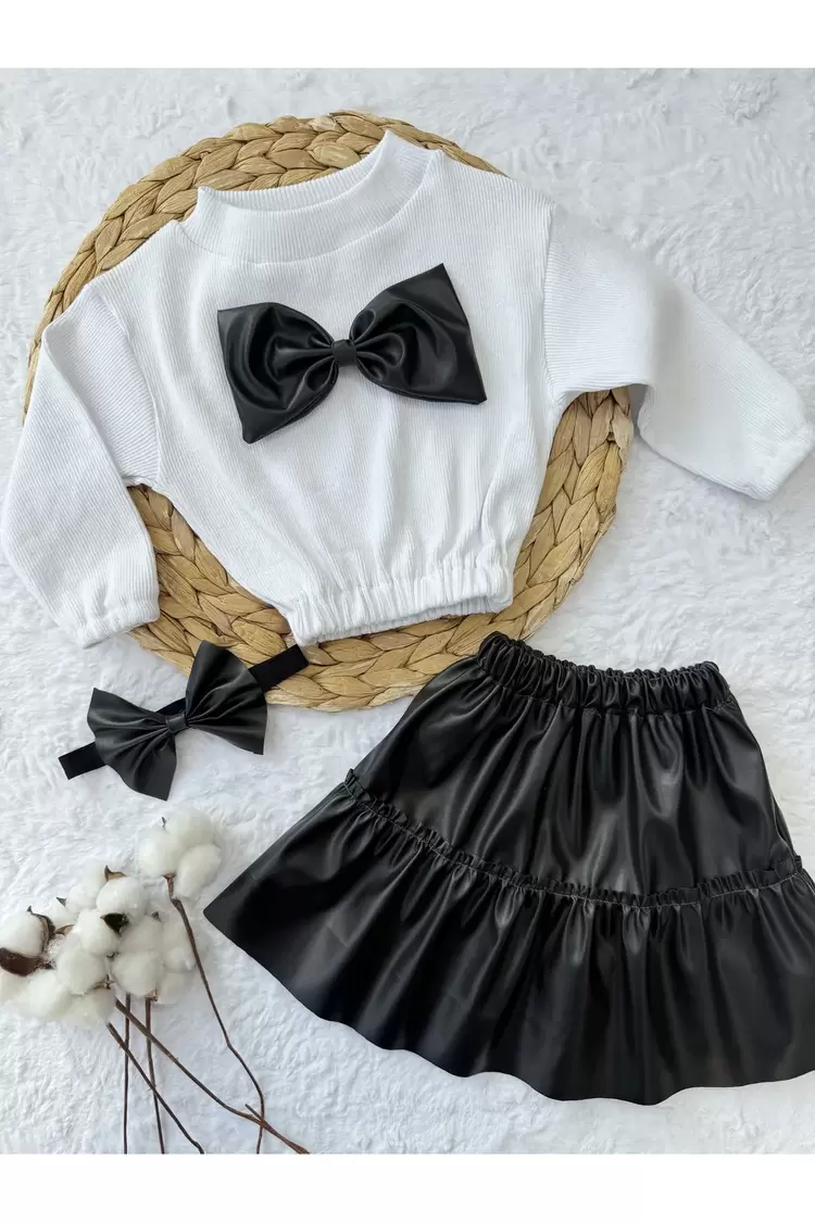 Kız Çocuk & Bebek Takımı Deri Etek Fiyonklu Badi Bandana Takımı