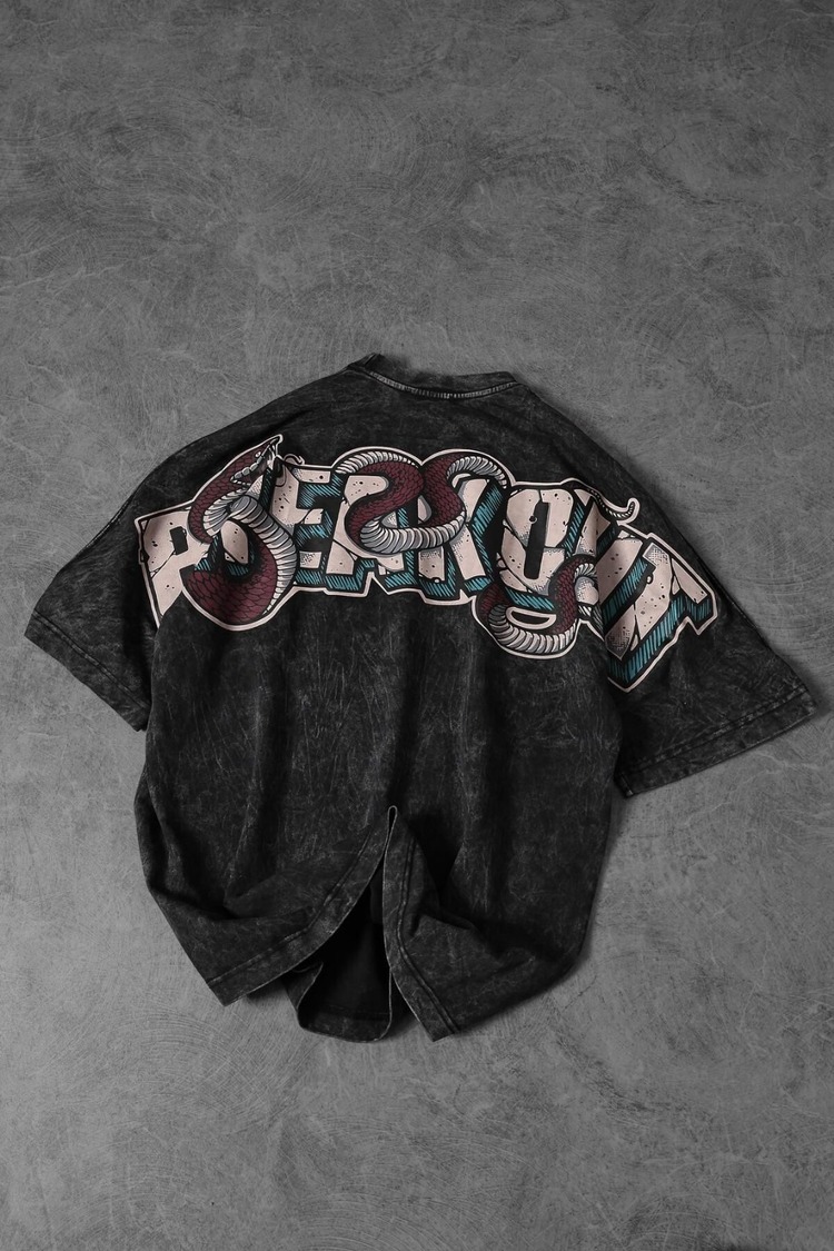 Erkek Antrasit Snake Baskı Özel Yıkamalı Kumaş  Oversize Tshirt