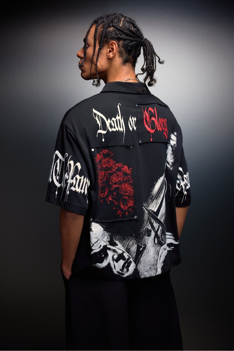 Erkek Siyah Death or Glory Patchli Box Fit Polo Yaka Tshirt