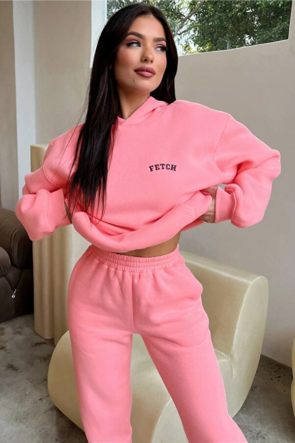 Fetch Eşofman Takımı Sweatshirt Jogger - Siyah Baskılı Oversize Şardonlu Kapüşonlu