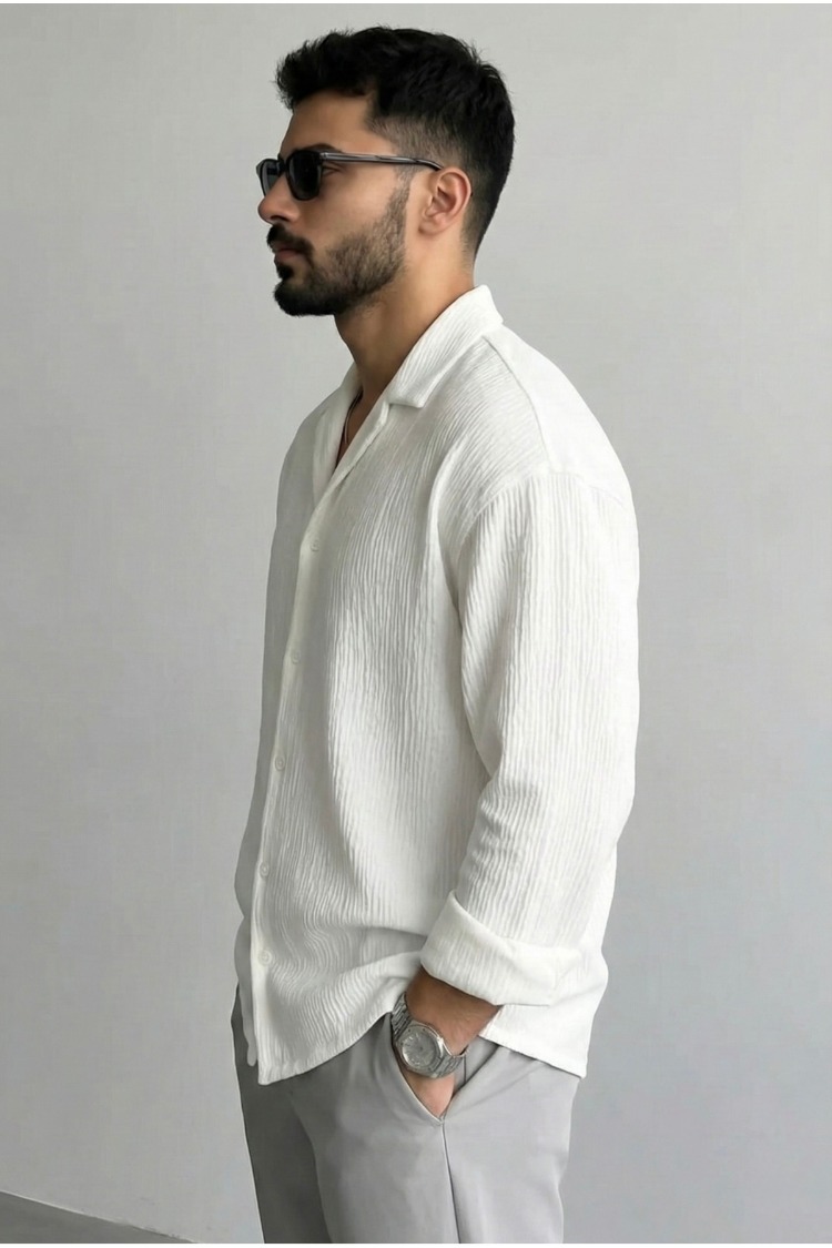 Erkek Ütü İstemeyen Oversize kırık beyaz Bürümcük Gömlek BEYAZ