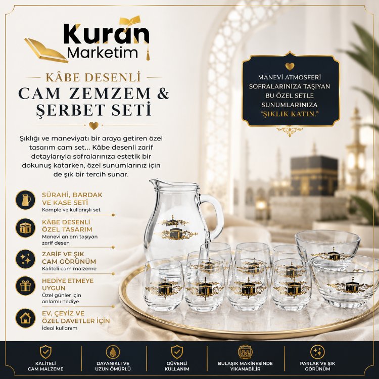 Kâbe Desenli Cam Zemzem & Şerbet Seti