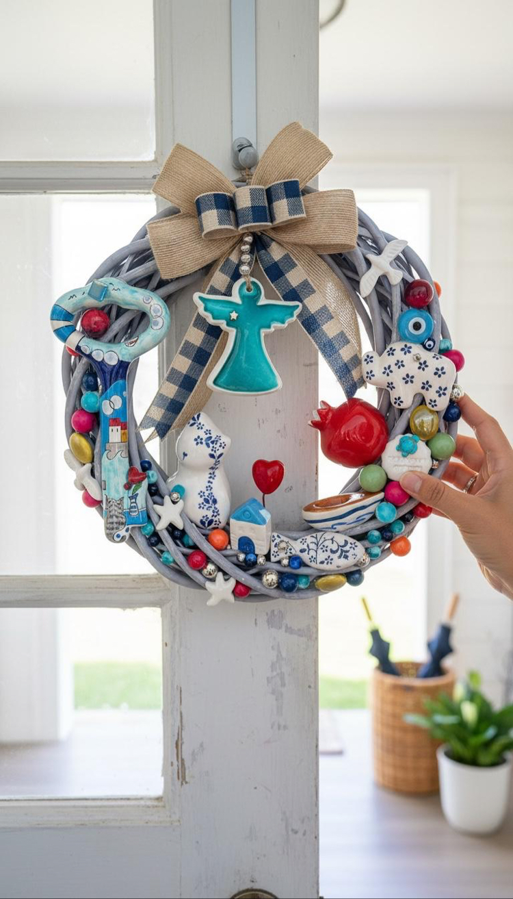 El Yapımı Çini Kapı Süsü – Doğal Ahşap Kapı Çelengi (30 cm)
