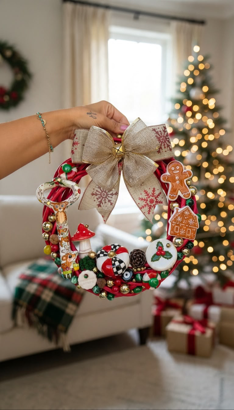 El Yapımı Çini Kapı Süsü (12) - Doğal Ahşap Kapı Çelengi (30 cm)