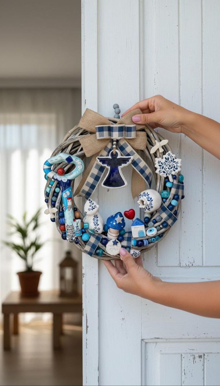 El Yapımı Çini Kapı Süsü – Doğal Ahşap Kapı Çelengi (30 cm)