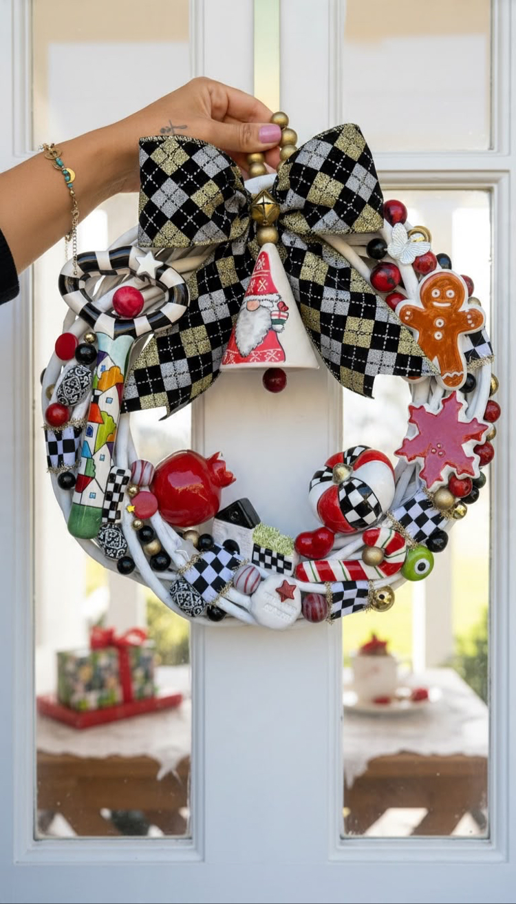 El Yapımı Çini Kapı Süsü (10) - Doğal Ahşap Kapı Çelengi (30 cm)