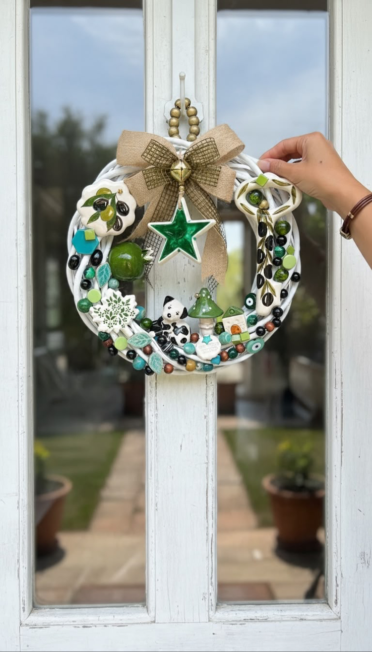 El Yapımı Çini Kapı Süsü – Doğal Ahşap Kapı Çelengi (30 cm)