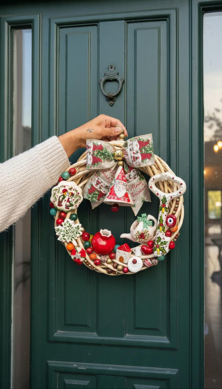 El Yapımı Çini Kapı Süsü – Doğal Ahşap Kapı Çelengi (30 cm)