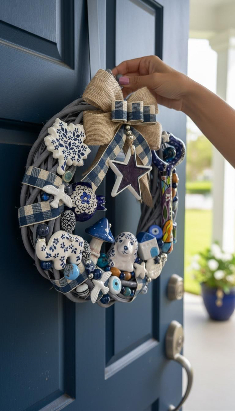 El Yapımı Çini Kapı Süsü – Doğal Ahşap Kapı Çelengi (30 cm)