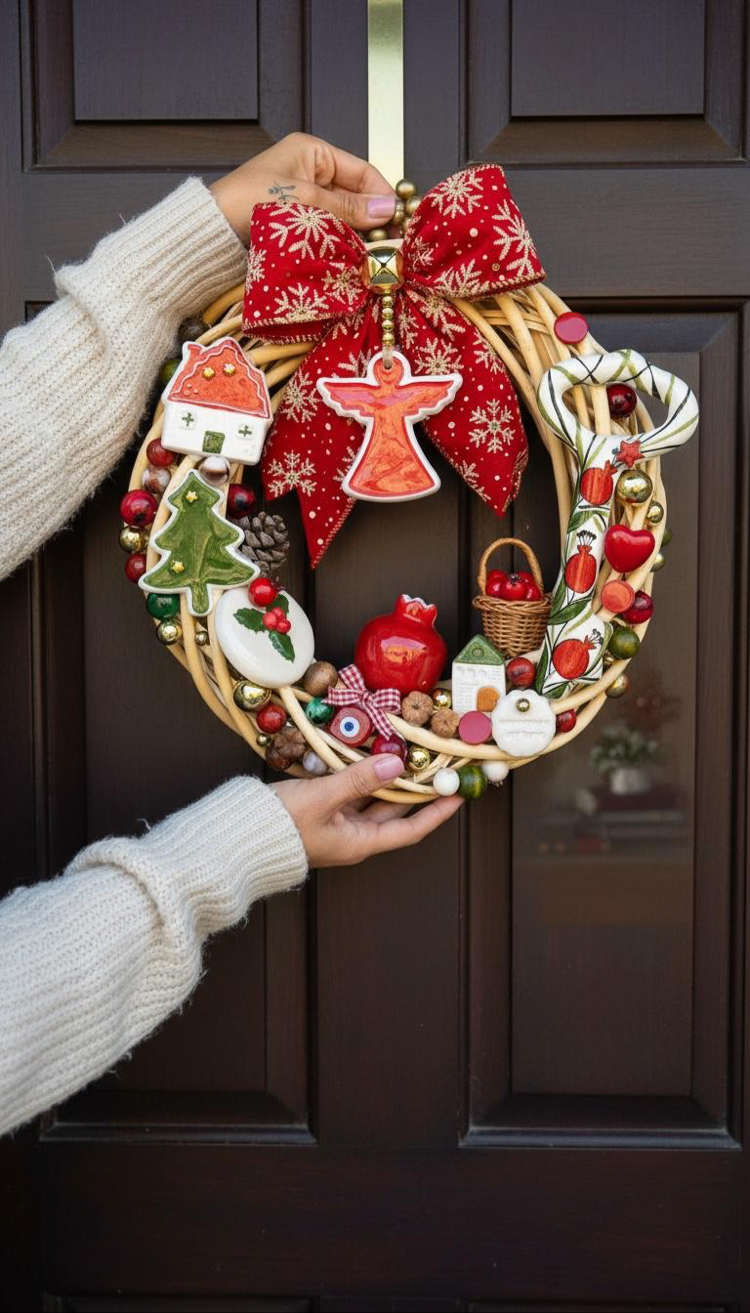 El Yapımı Çini Kapı Süsü (6) – Doğal Ahşap Kapı Çelengi (30 cm)