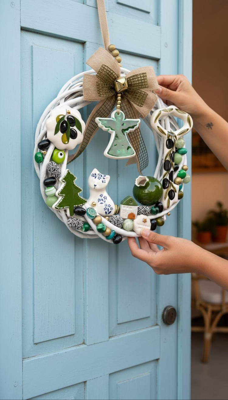 El Yapımı Çini Kapı Süsü – Doğal Ahşap Kapı Çelengi (30 cm)