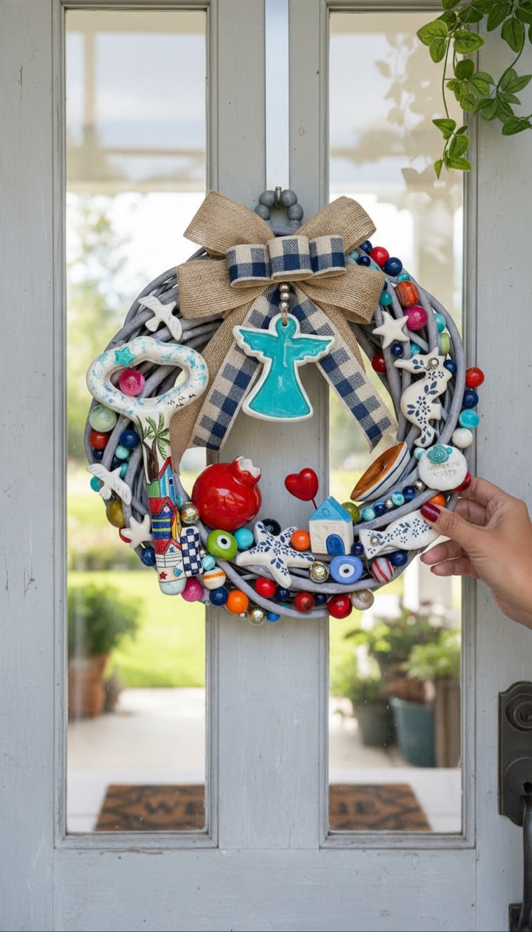 El Yapımı Çini Kapı Süsü – Doğal Ahşap Kapı Çelengi (30 cm)