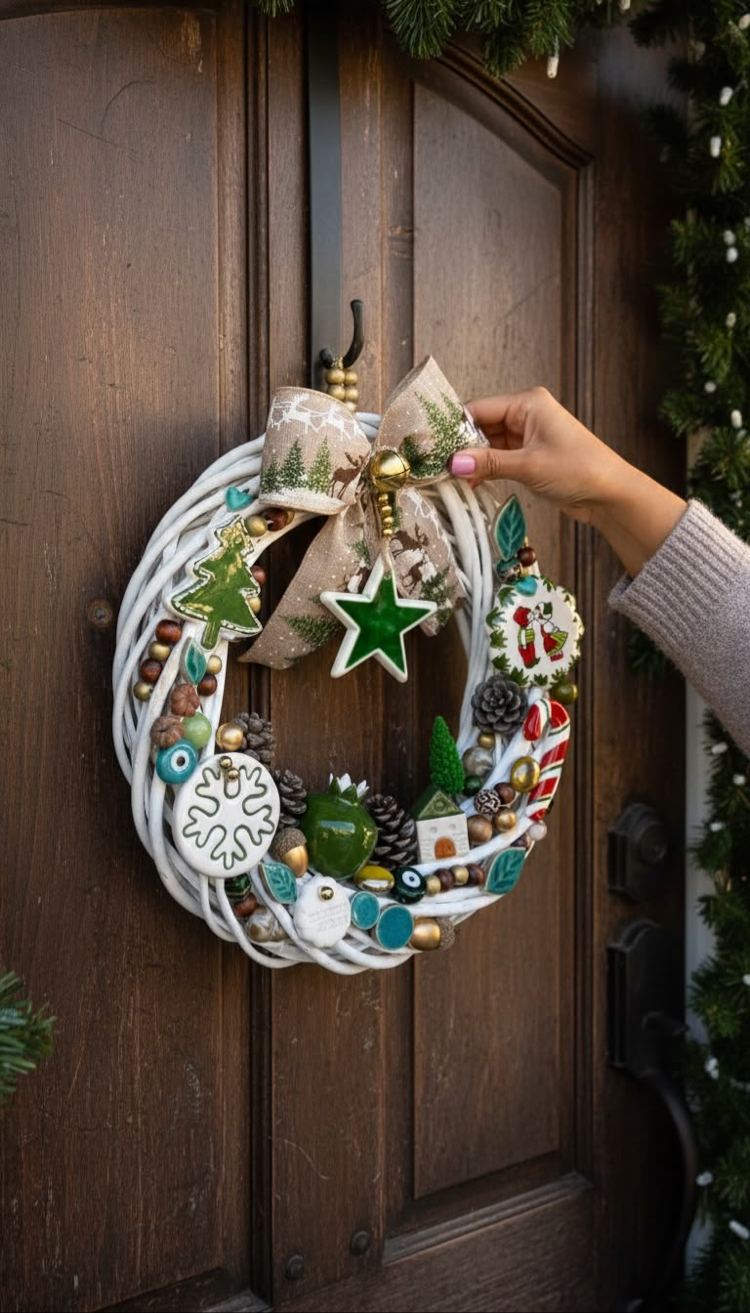 El Yapımı Çini Kapı Süsü (13) - Doğal Ahşap Kapı Çelengi (30 cm)