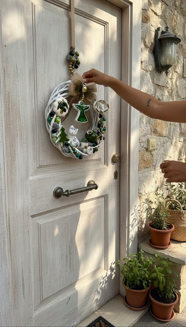 El Yapımı Çini Kapı Süsü – Doğal Ahşap Kapı Çelengi (30 cm)