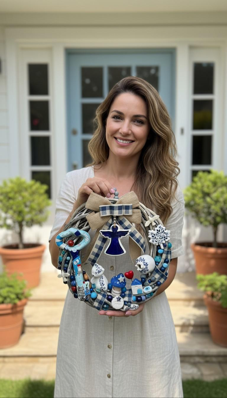 El Yapımı Çini Kapı Süsü – Doğal Ahşap Kapı Çelengi (30 cm)