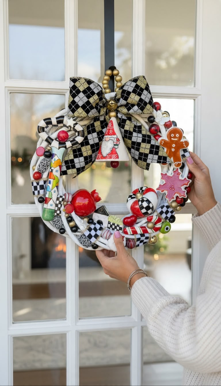 El Yapımı Çini Kapı Süsü (10) - Doğal Ahşap Kapı Çelengi (30 cm)