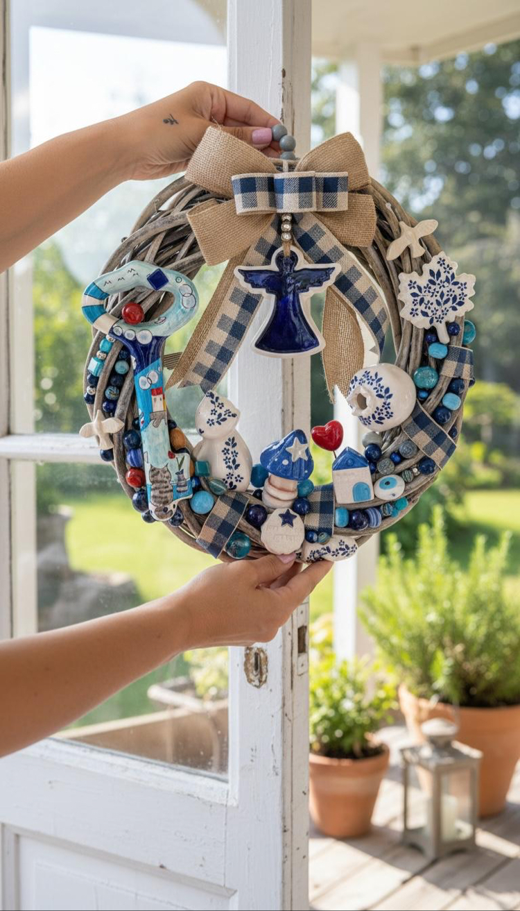 El Yapımı Çini Kapı Süsü – Doğal Ahşap Kapı Çelengi (30 cm)