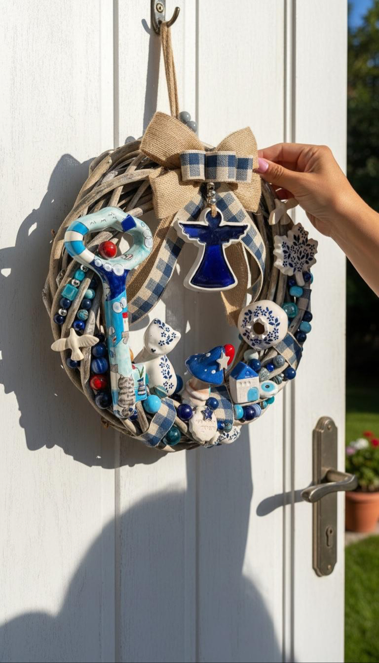 El Yapımı Çini Kapı Süsü – Doğal Ahşap Kapı Çelengi (30 cm)