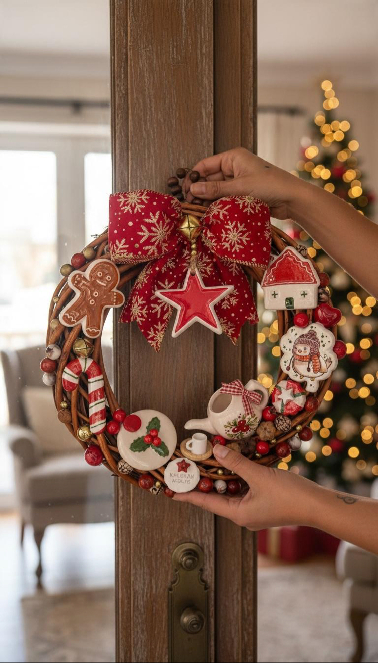 El Yapımı Çini Kapı Süsü (4) – Doğal Ahşap Kapı Çelengi (30 cm)