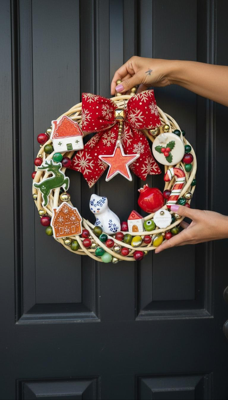 El Yapımı Çini Kapı Süsü (5) – Doğal Ahşap Kapı Çelengi (30 cm)