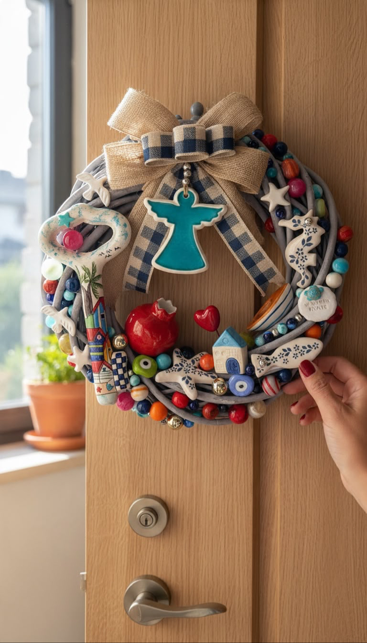 El Yapımı Çini Kapı Süsü – Doğal Ahşap Kapı Çelengi (30 cm)