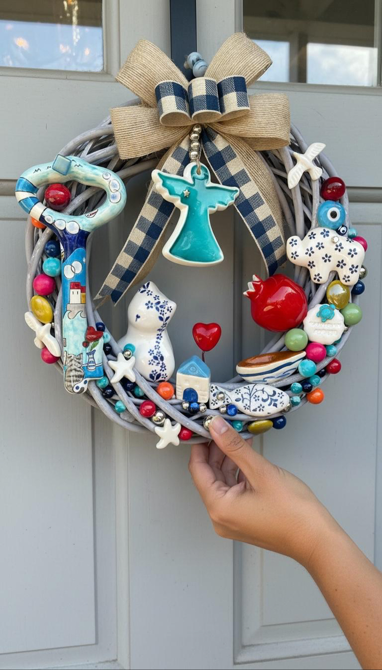 El Yapımı Çini Kapı Süsü – Doğal Ahşap Kapı Çelengi (30 cm)